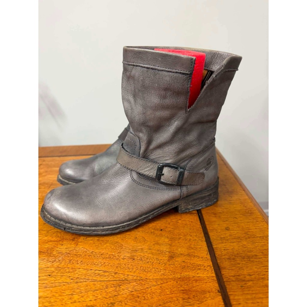 Felmini Womens 7.5 EU 38 Grey Leather Buckle Ankle Boots Slouchy Moto Engineer